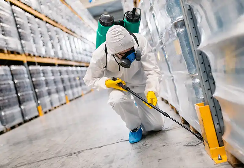 A professional pest controller is using a surface treatment in a warehouse